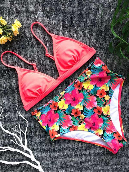 Spaghetti Strap Floral High Waist Bikini Swimsuit