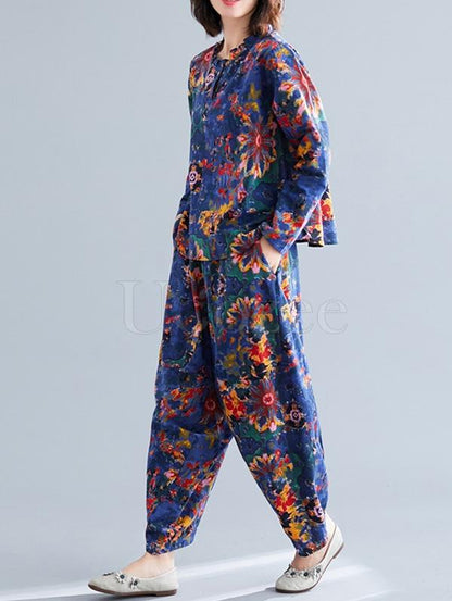 Loose Retro Floral Printed Blouses and Pants Suits