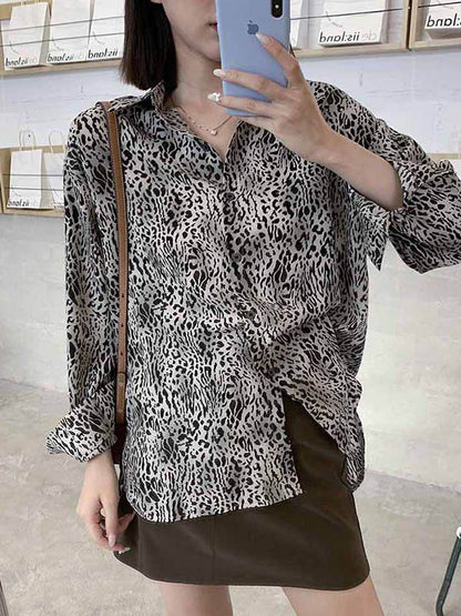Stylish Leopard Buttoned Lapel High-Low Long Sleeves Blouse Tops
