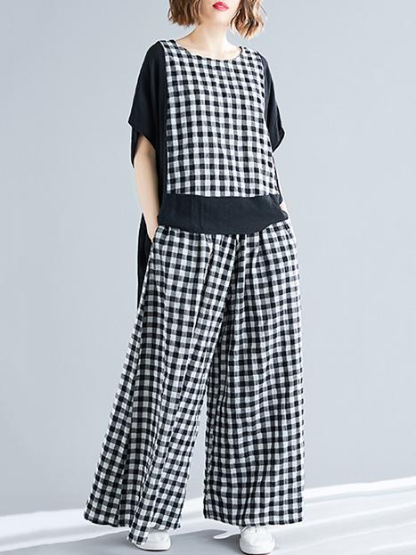 Loose Plus Size Plaid Ramie Cotton Suits