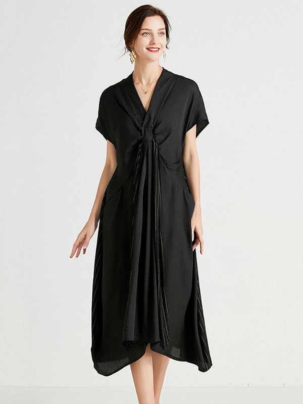 Casual Loose Solid Color Pleated Tied V-Neck Short Sleeves Midi Dress