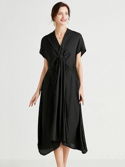 Casual Loose Solid Color Pleated Tied V-Neck Short Sleeves Midi Dress