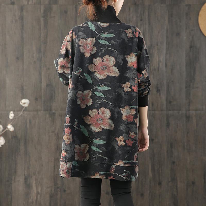 Buykud Casual Flower Print Turtleneck Pullover Sweatshirt