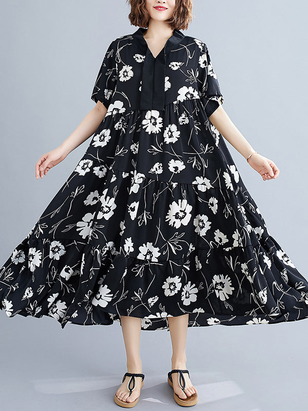 Artistic Retro Loose Floral Printed Pleated Midi Dress
