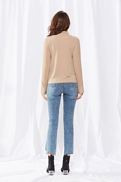 Solid Color Knitting Hight Collar T-shirt Top