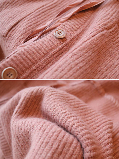 Casual Loose Solid Color Split-Joint With Pocket Buttoned Drawstring Hooded Long Sleeves Knitted Cardigan Outwear