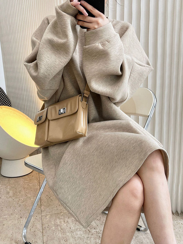 Simple Loose Solid Color Split-Joint Round-Neck Long Sleeves Midi Dress