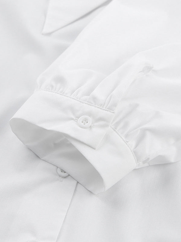 Urban Solid Color Split-Joint Pleated Lapel Collar Bishop Sleeves Shirt
