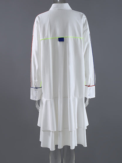 Original Falbala Pleated Split-Joint With Pocket Buttoned Lapel Collar Long Sleeves Midi Shirt Dress