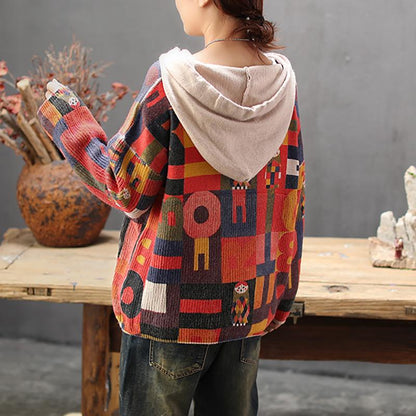 Buykud Retro Pullover Printed Loose Knitted Hoodie