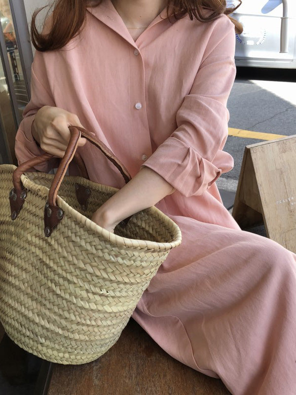 Casual Ramie Cotton Solid Color Buttoned Lapel Collar Long Sleeves Midi Shirt Dress