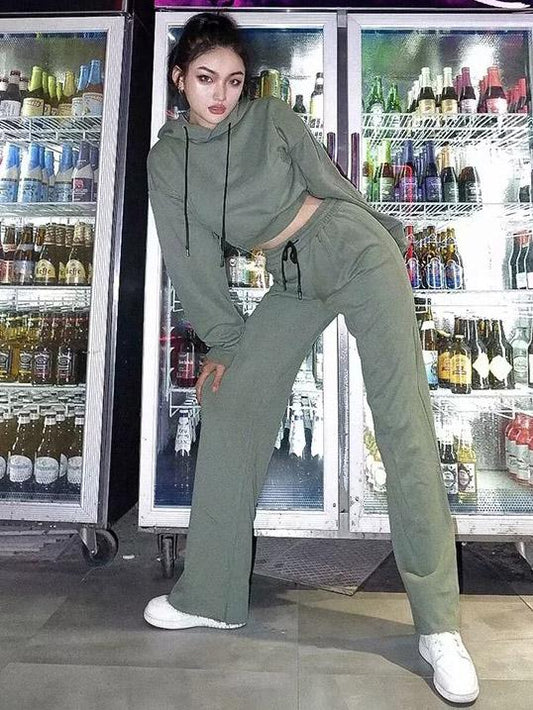 Loose Solid Drawstring Hoodie&Pants Sports Suits