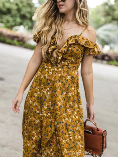 Spaghetti-neck Falbala Floral Maxi Dress