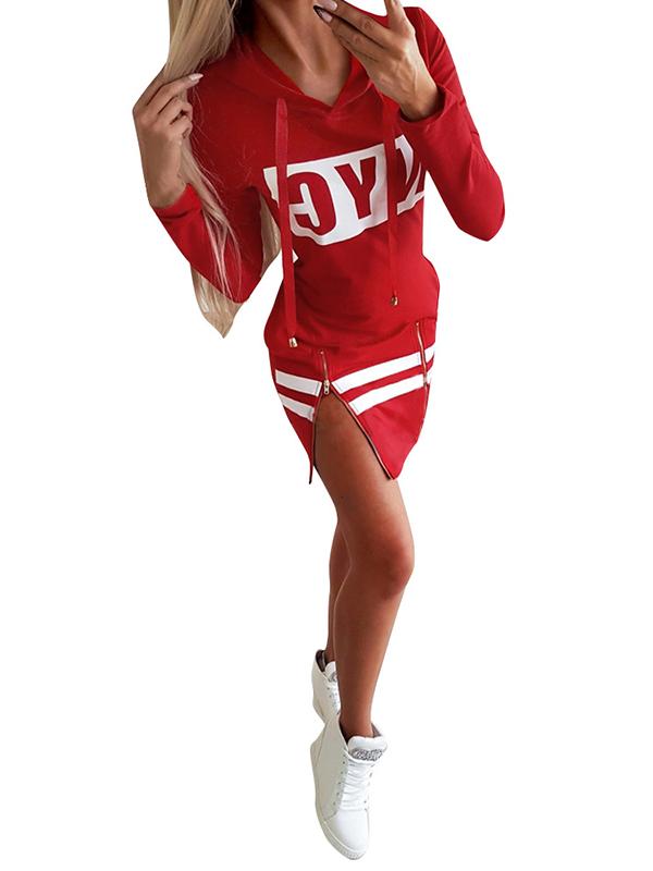 Fashion Long Sleeves Letters Printed Hooded Midi Dresses
