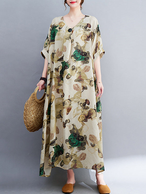 Artistic Retro Loose Floral Printed Ramie Cotton Midi Dress