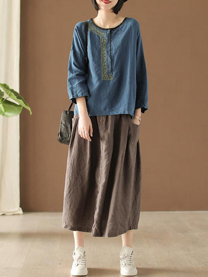 Retro Linen Embroidered T-shirts