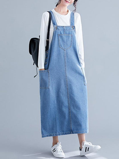 Denim Blue Front-pocket Long Dress