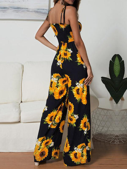 Sunflower Printed Spaghetti-neck Jumpsuits