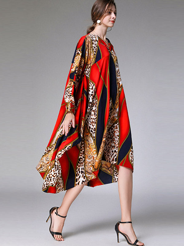 Casual Loose Split-Joint Contrast Color Leopard Floral Printed Lapel Collar Long Sleeves Midi Dress