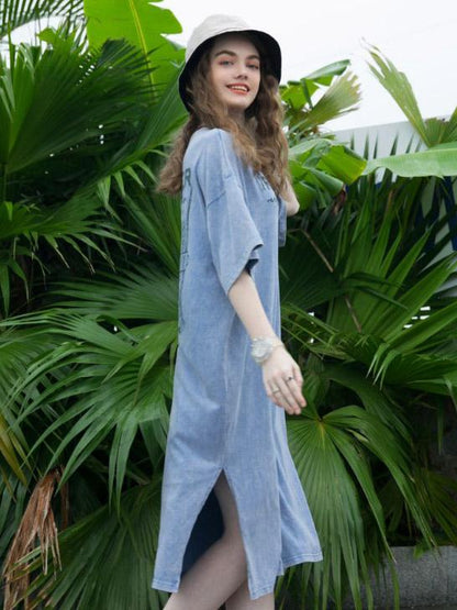 Solid Letter Printed Cotton Loose Split-side Midi Dress