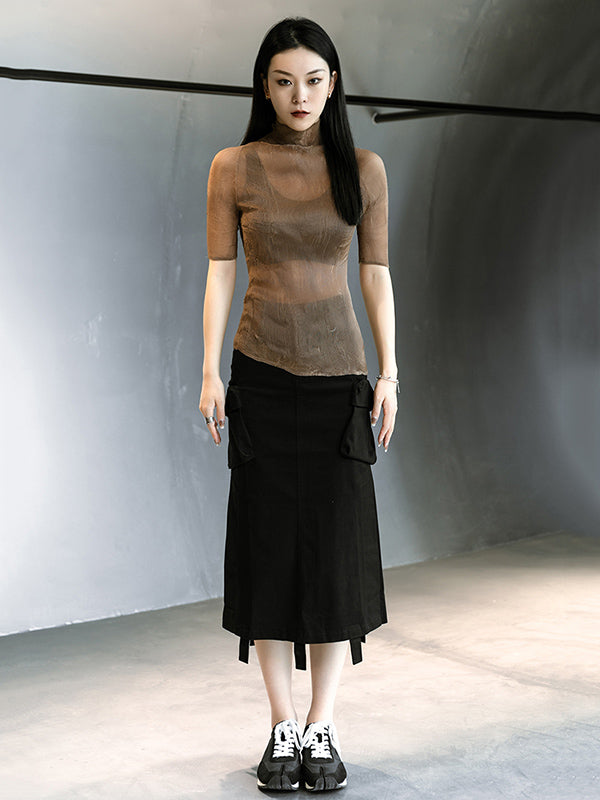 Original Solid Color High-Neck Long Sleeve See-Through T-Shirts Tops