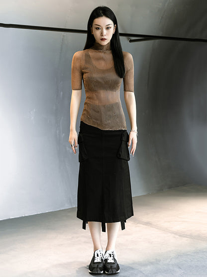 Original Solid Color High-Neck Long Sleeve See-Through T-Shirts Tops