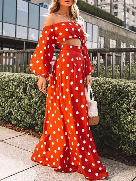 Polka-dot Puff Sleeves Blouses&Skirt Suits