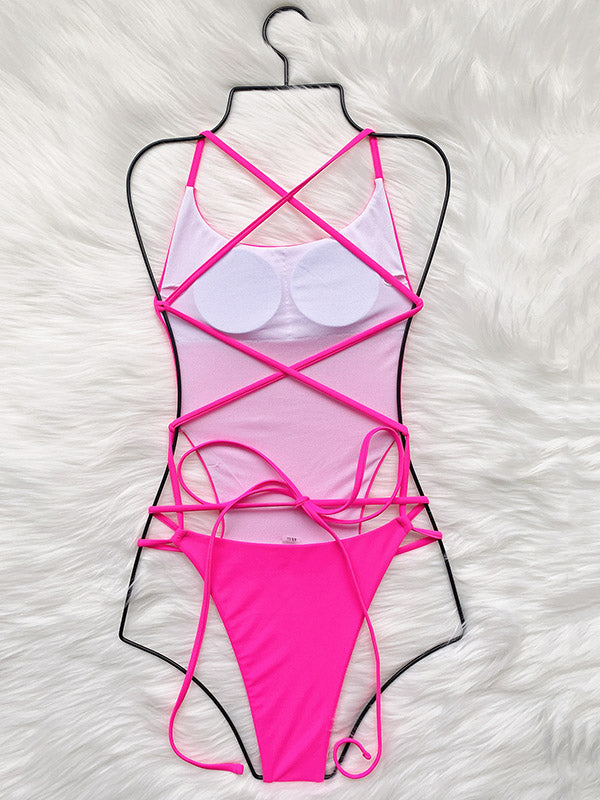 Sexy Solid Color Backless Bandage One-Piece Swimwear