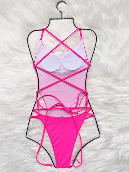 Sexy Solid Color Backless Bandage One-Piece Swimwear