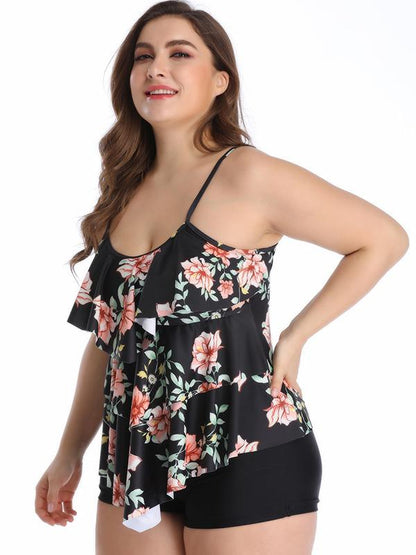 Plus Size Ruffled Printed Tankinis Swimwear