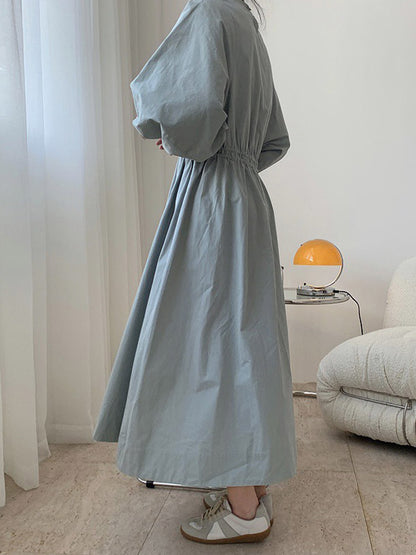 Simple Solid Color Round-Neck Pleated Long Sleeves Midi Dress