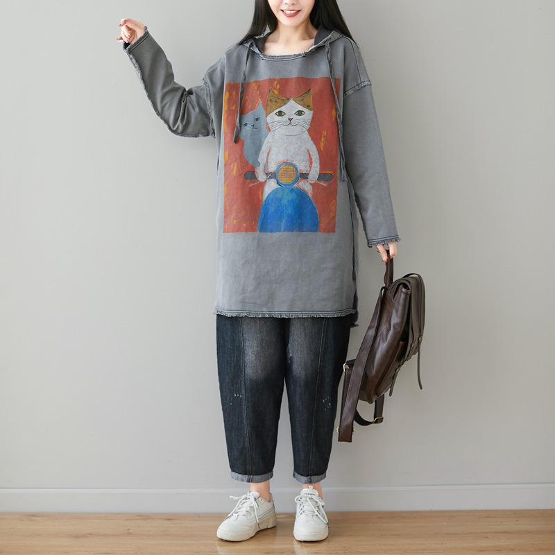 Buykud Cartoon Cats Fringed Hem Loose Hoodie