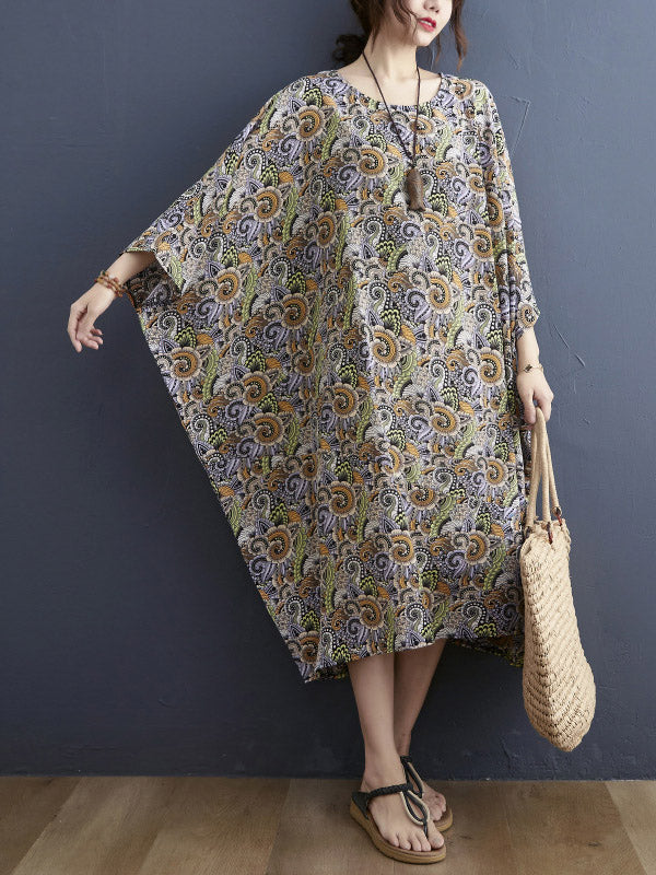 Loose National Floral Printed Round-Neck Batwing Sleeves Midi Dress