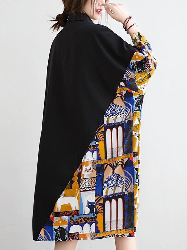 Original Cartoon Printed Round-Neck Shirt Dress