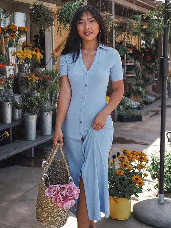 Simple Solid Color Lapel V-Neck Split-Front Midi Dress