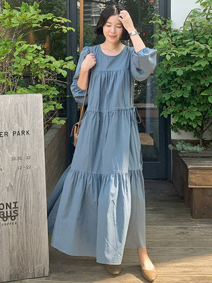 Casual Solid Color Pleated Drawstring Round-Neck Long Sleeves Midi Dress