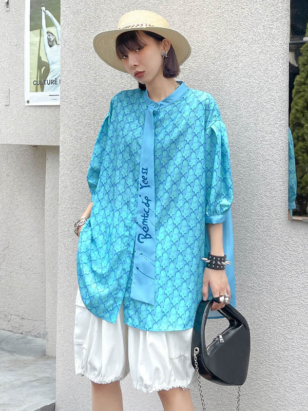 Stylish Split-Joint Printed Stand Collar Tie Short Sleeves Blouses