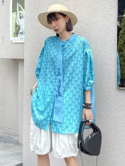 Stylish Split-Joint Printed Stand Collar Tie Short Sleeves Blouses