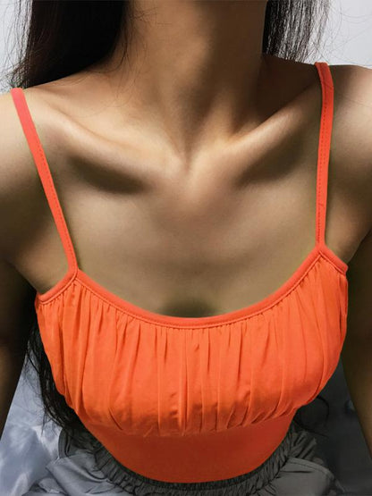 Solid Pleated Spaghetti-neck Vest Top