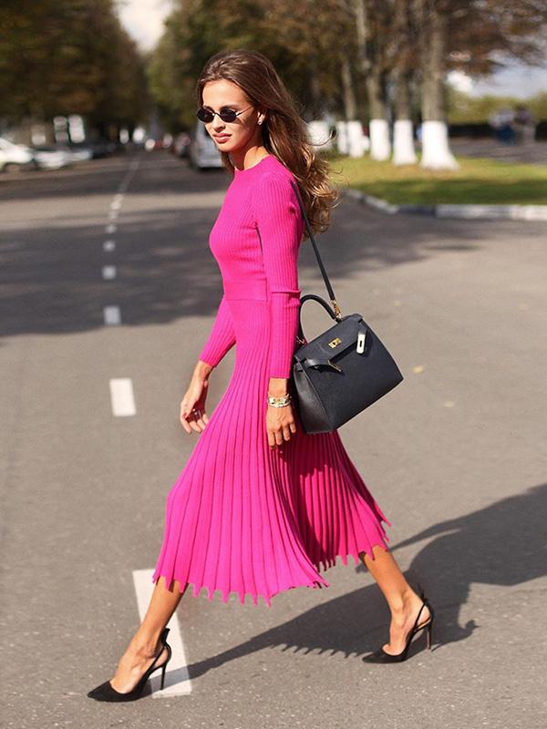 Solid Long-Sleeves Midi Dress