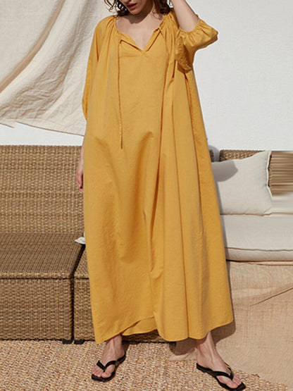 Casual Loose Linen 3 Colors Tied Pleated V-Neck Bishop Half Sleeves Midi Dress