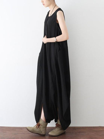 Black Round-neck Split-front Sleeveless Jumpsuits