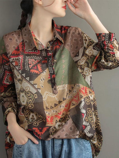 Artistic Retro Print Lapel Shirt Blouse Tops