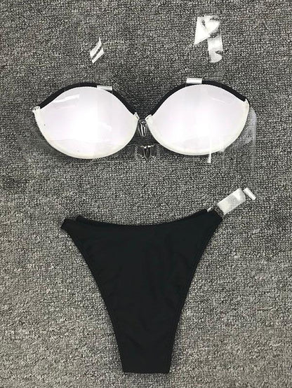Solid Color See-Through Bandage Split Bikini Swimsuit