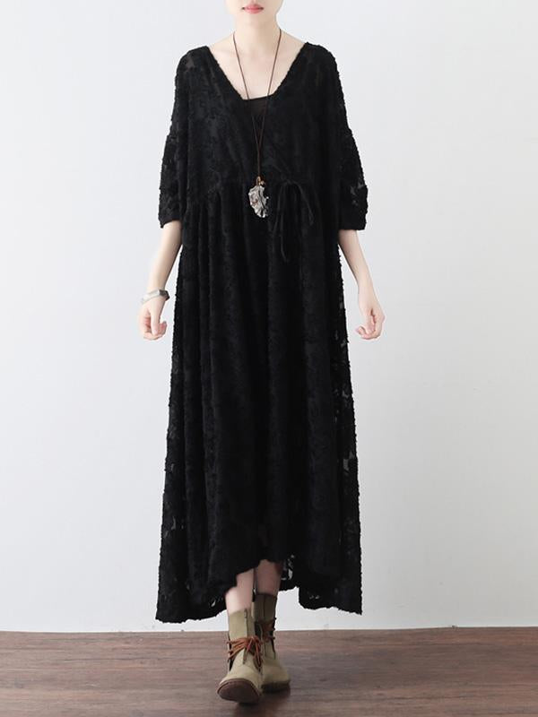 Loose Lace Hollow Cropped V-Neck Long Dress