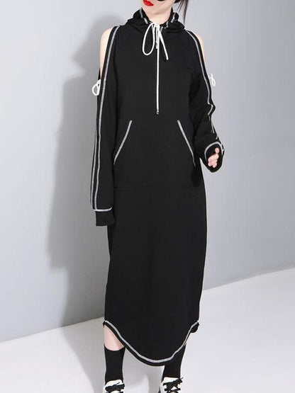 Cold shoulder Drawstring Split-back Sweatshirt Midi Dress