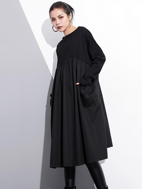 Loose Black Split-joint Long Sleeves Dress