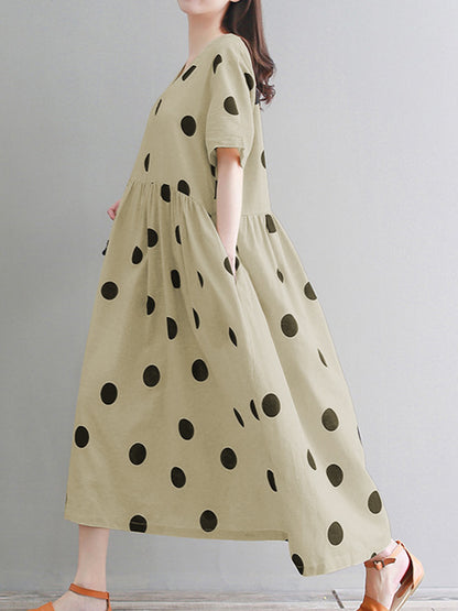 Original Polka-Dot Short Sleeve V-Neck Midi Dress