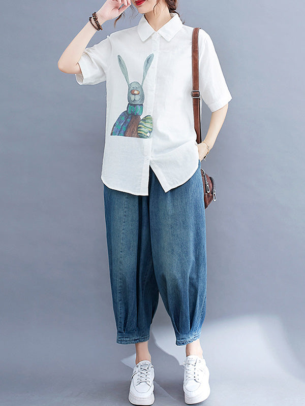 Original Cartoon Printed Lapel Blouse