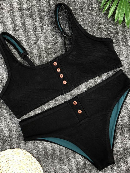 Button Solid Beach Bikinis Swimwear
